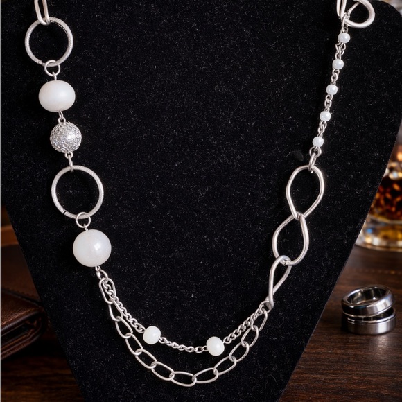 None Jewelry - Layered Silver-Tone Necklace with White Bead Accents